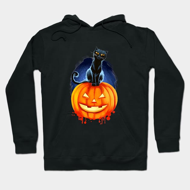 Cat on Pumpkin Drawing Hoodie by Hispaniola-Fineart